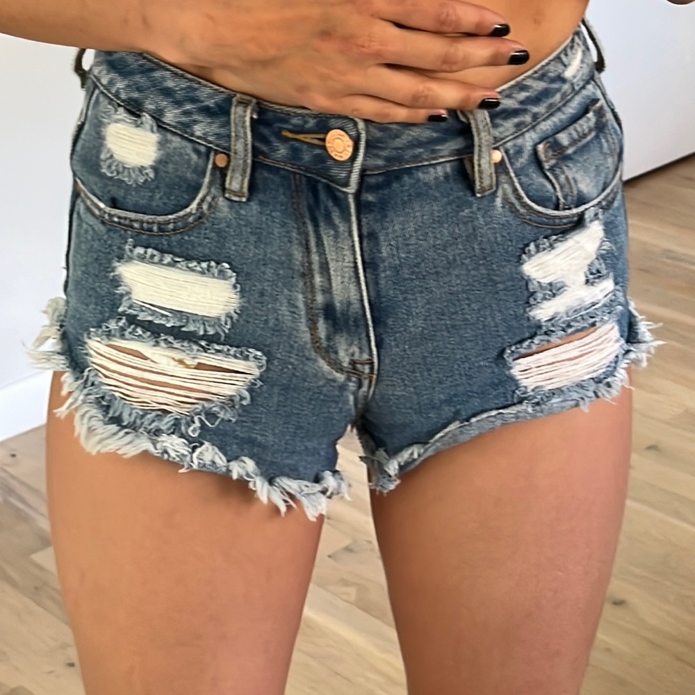 PacSun Ripped washed blue High Waisted Denim Festival Shorts. Note- size 22!